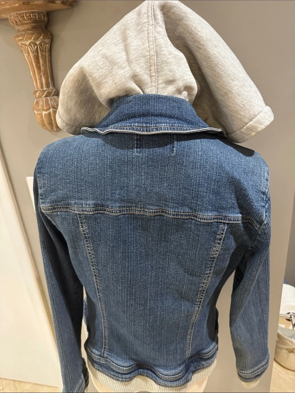 Women's Blue Denim Hooded Jean Jacket with Sherpa Trim